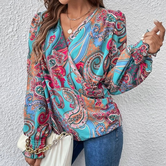 065 Boho Paisley Print Surplice Blouse - Picture 6 of 7